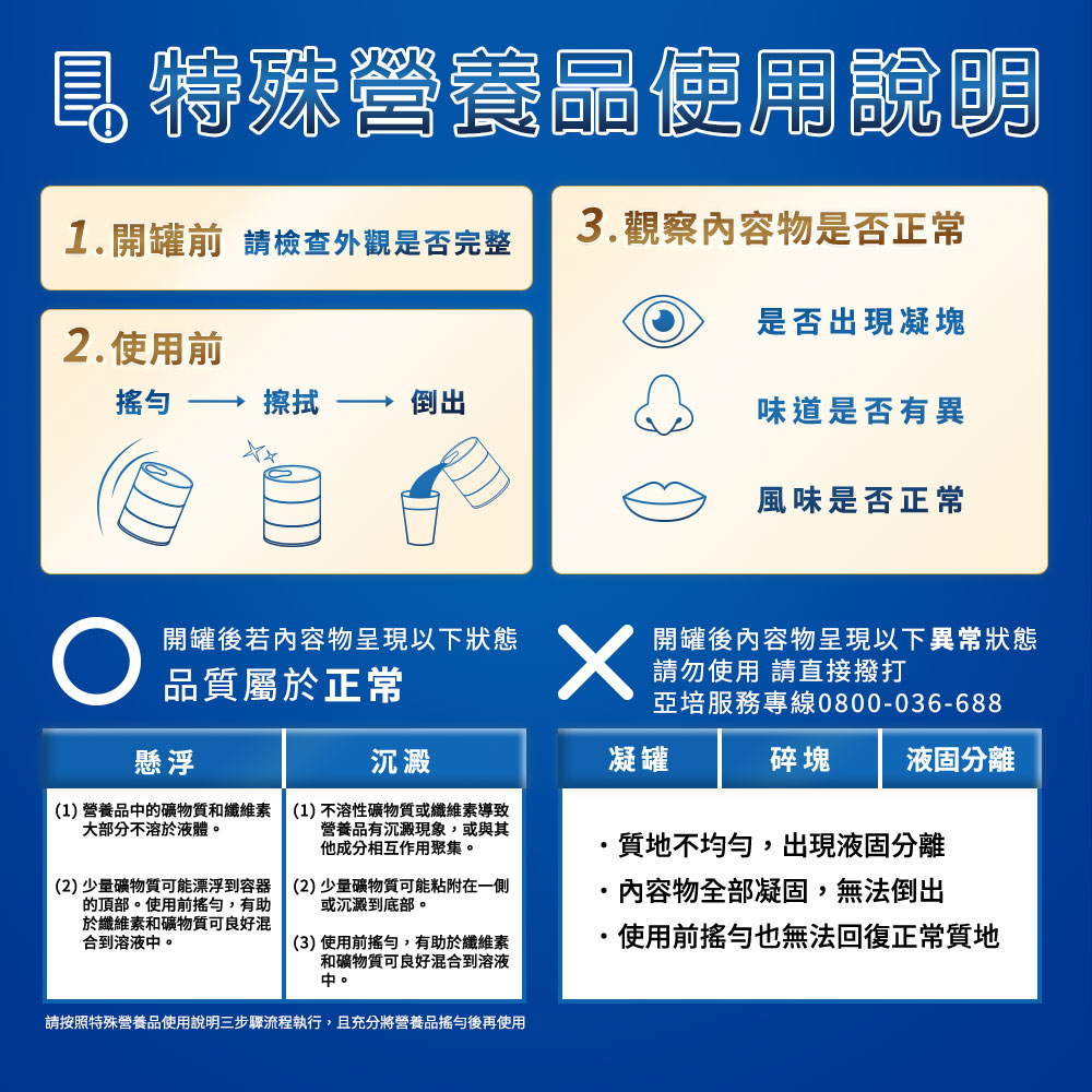 請按照特殊營養品使用說明三步驟流程執行,且充分將營養品搖勻後再使用