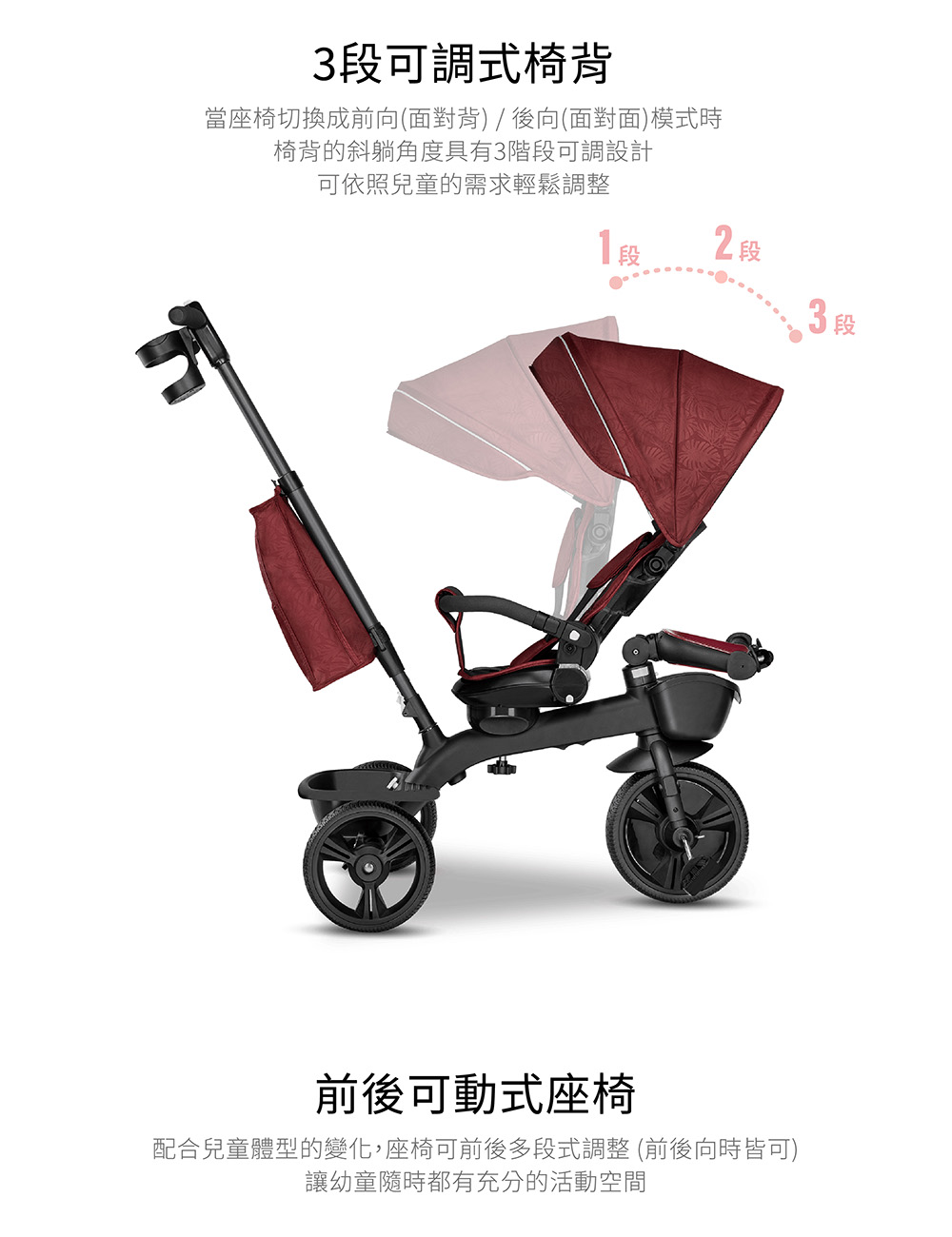 配合兒童體型的變化,座椅可前後多段式調整前後向時皆可