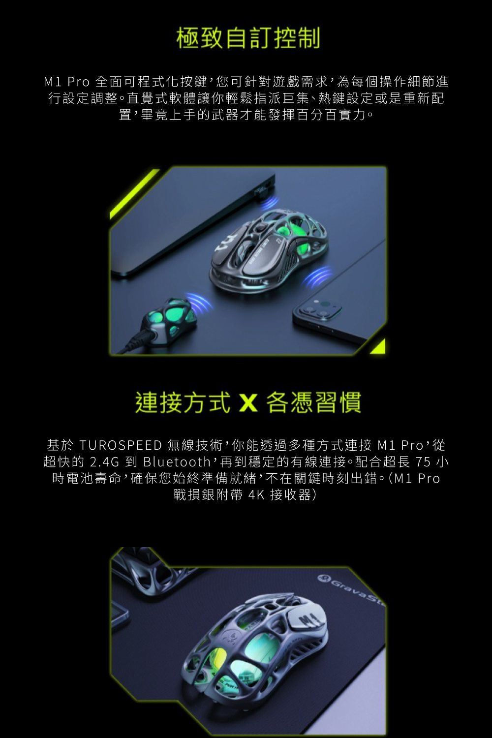 超快的 2.4G 到 Bluetooth,再到穩定的有線連接。配合超長 75 小