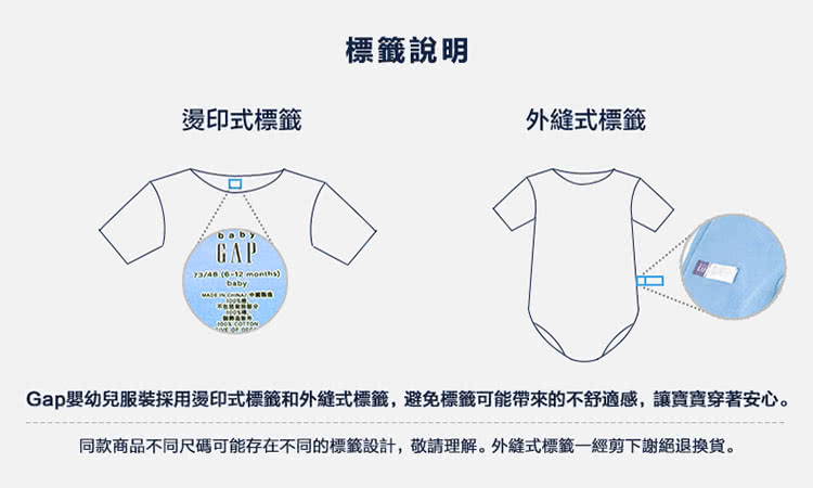 Gap嬰幼兒服裝採用燙印式標籤和外縫式標籤,避免標籤可能帶來的不舒適感,讓寶寶穿著安心。