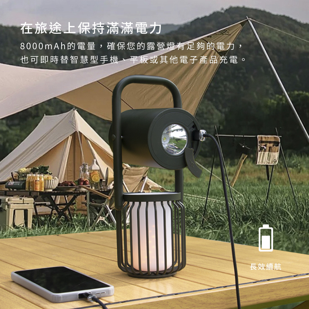 在旅途上保持滿滿電力 8000mAh的電量,確保您的露營燈有足夠的電力, 也可即時替智慧型手機、平板或其他電子產品充電。 長效續航 