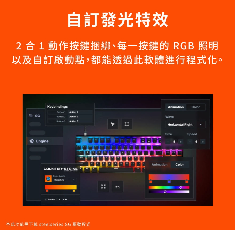 自訂發光特效 2合1動作按鍵捆綁、每一按鍵的 RGB 照明 以及自訂啟動點,都能透過此軟體進行程式化。 此功能需下載 steelseries GG 驅動程式 