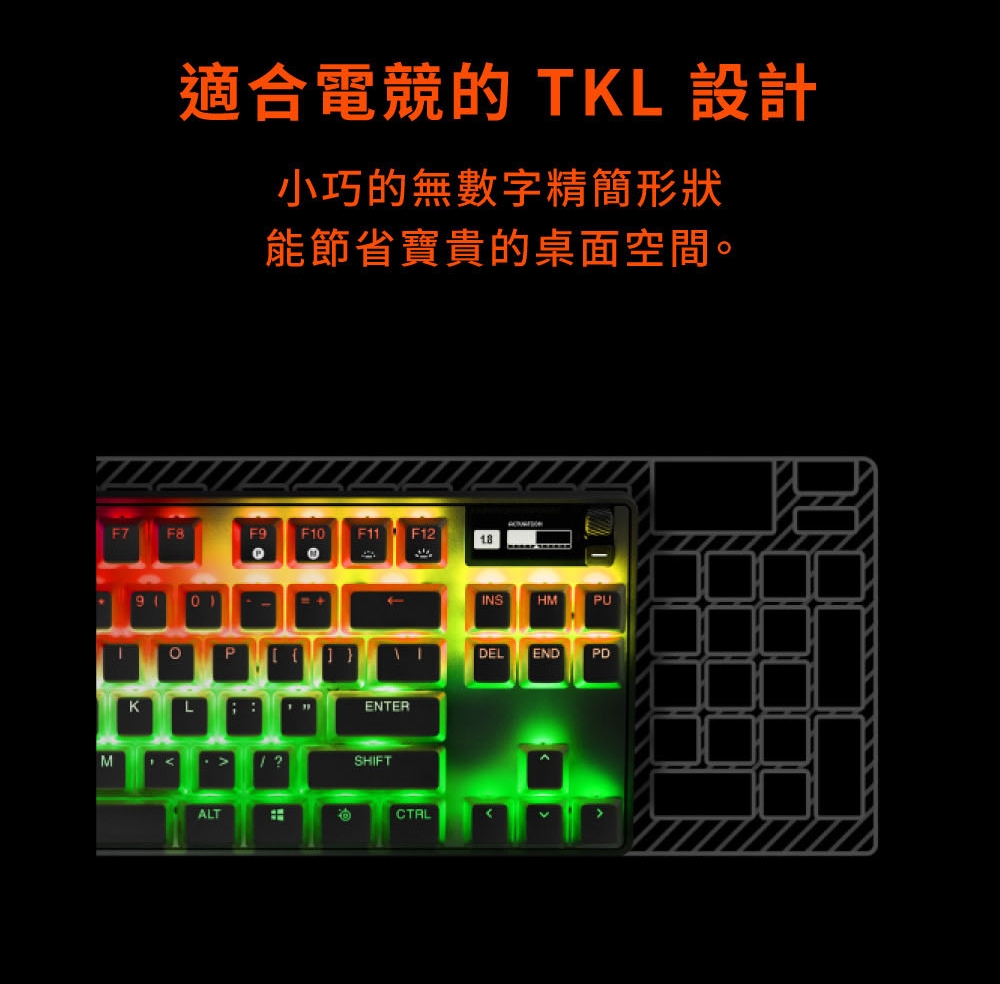 適合電競的 TKL 設計 小巧的無數字精簡形狀 能節省寶貴的桌面空間。 