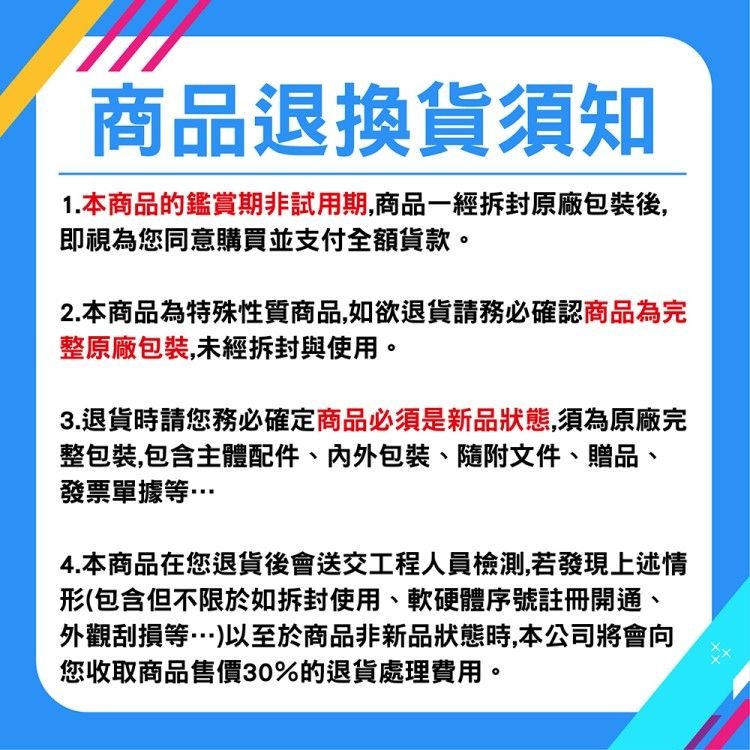 1.本商品的鑑賞期非試用期,商品一經拆封原廠包裝後,