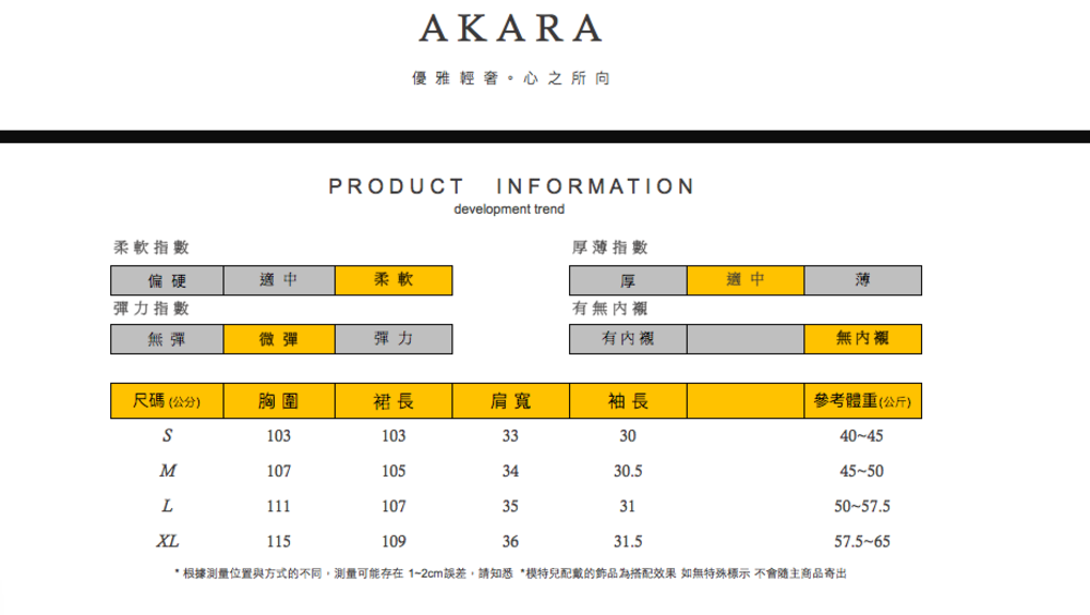 AKARA優雅輕奢。心之所向PRODUCTdevelopment trendINFORMATION柔軟指數厚薄指數偏硬適中柔軟彈力指數無彈微彈彈力厚適中薄有無內襯有內襯無內襯尺碼(公分)胸圍裙長肩寬袖長參考體重(公斤)103103333040-45M1071053430.545-50L111107353150-57.5XL11510936* 根據測量位置與方式的不同,測量可能存在1-2cm誤差,請知悉 *模特兒配戴的飾品為搭配效果 如無特殊標示 不會隨主商品寄出