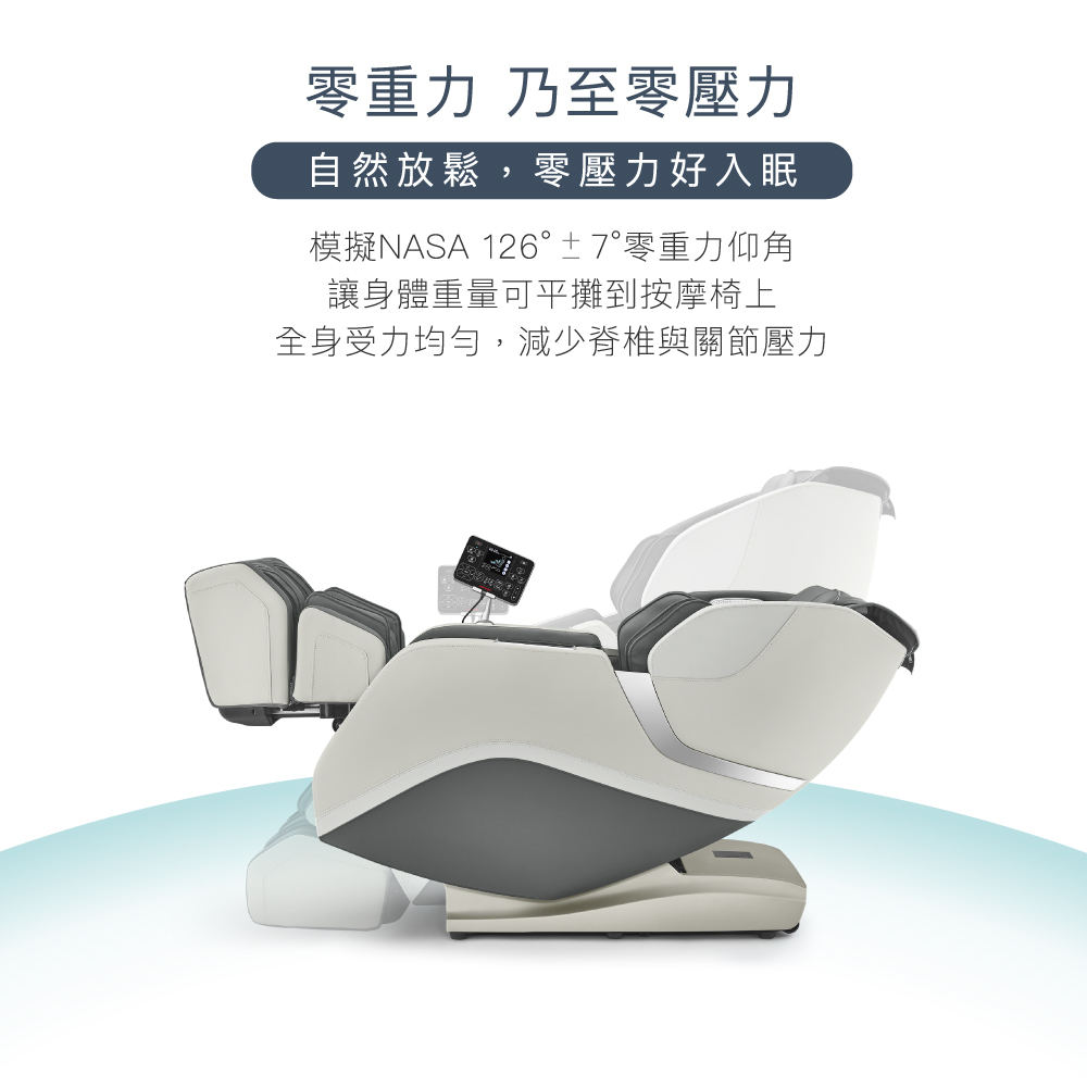 零重力 乃至零壓力 自然放鬆,零壓力好入眠 模擬NASA 1267零重力仰角 讓身體重量可平攤到按摩椅上 全身受力均勻,減少脊椎與關節壓力 