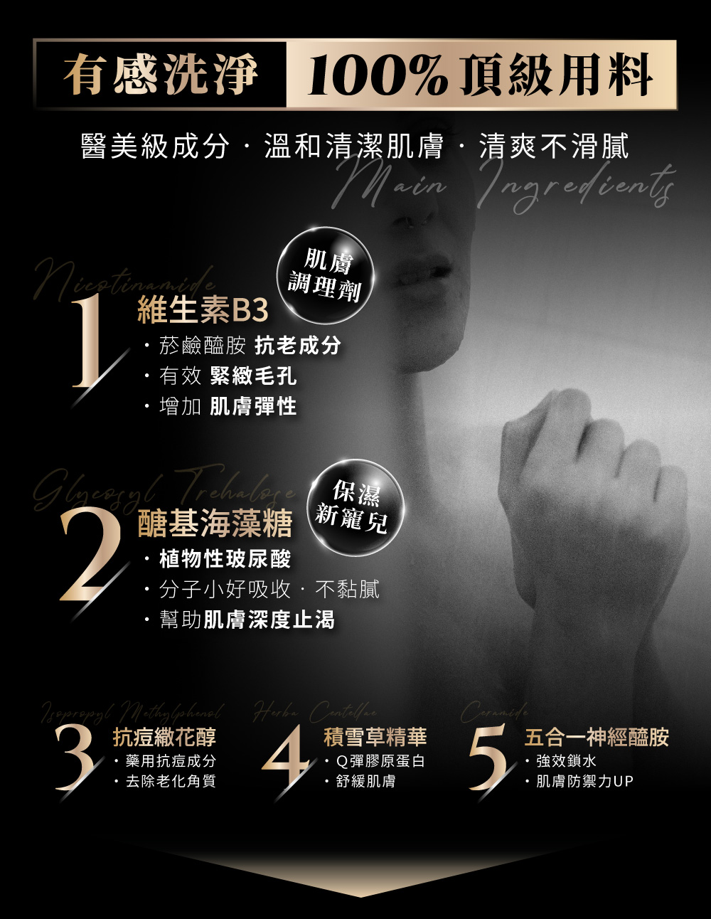 醫美級成分,溫和清潔肌膚,清爽不滑膩