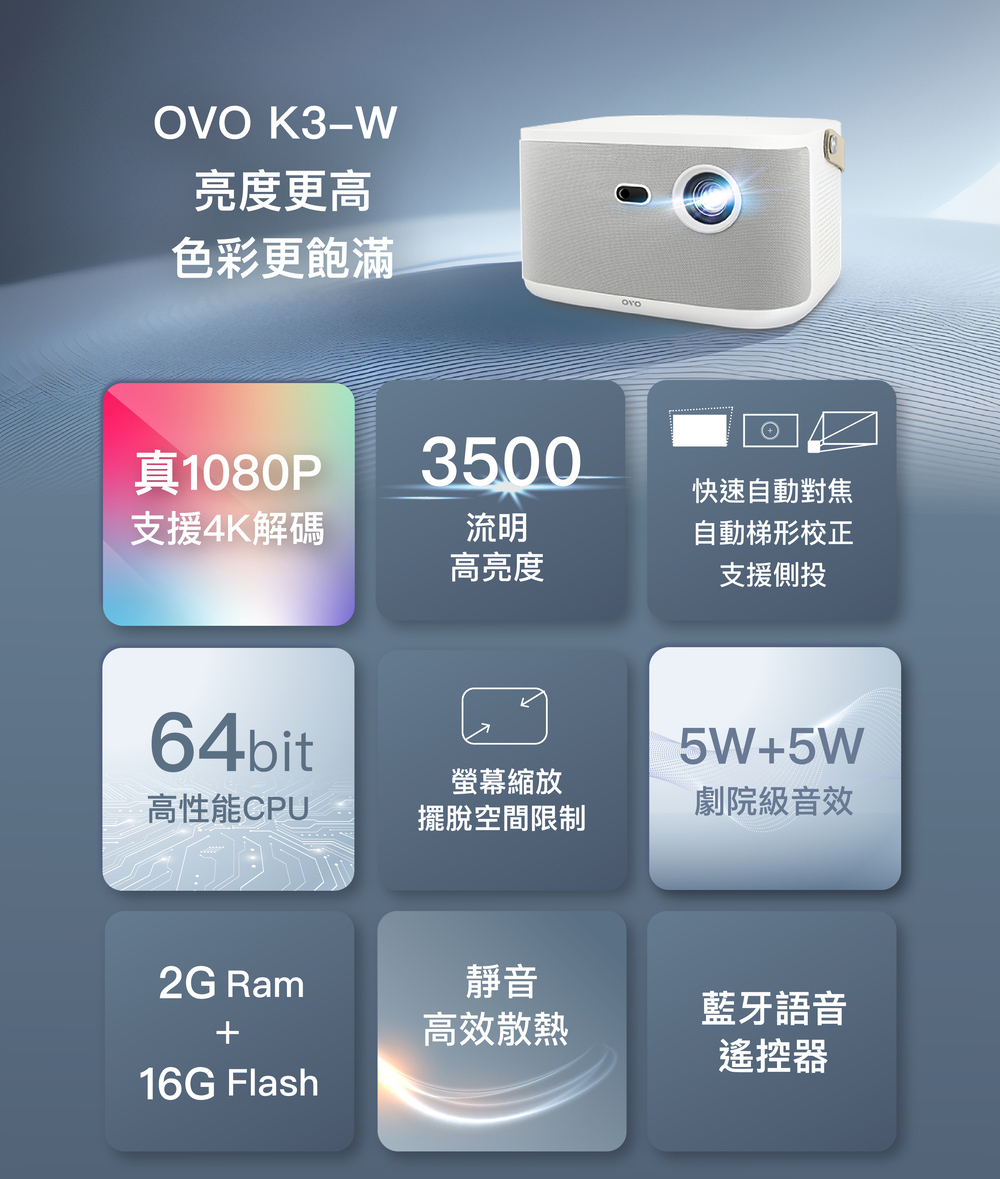 OVO 1080P百吋無框電視高畫質智慧投影機(K3-W加贈