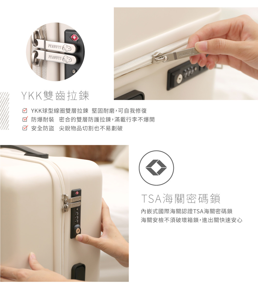 防爆耐裝 密合的雙層防護拉鍊,滿載行李不爆開