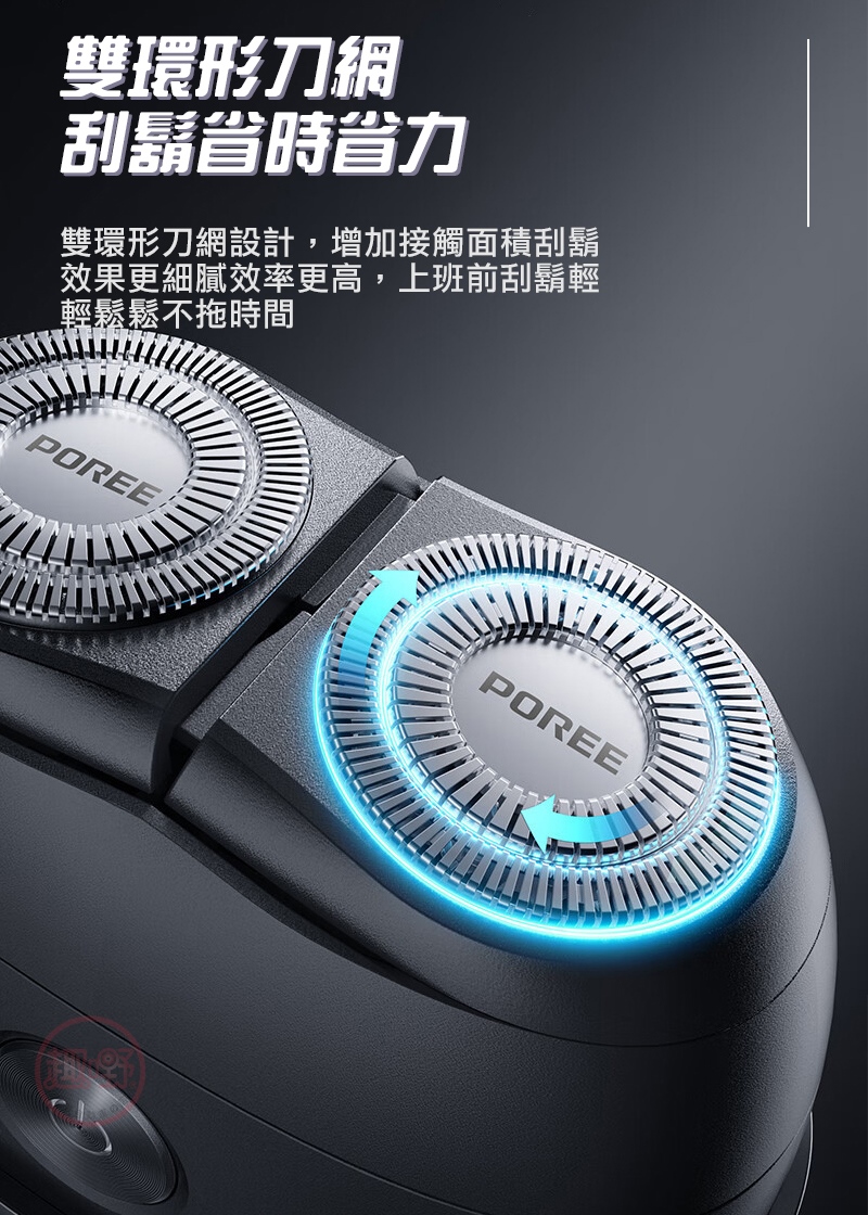 雙環形刀網 刮鬍省時省力 雙環形刀網設計,增加接觸面積刮鬍 效果更細膩效率更高,上班前刮鬍輕 輕鬆鬆不拖時間 