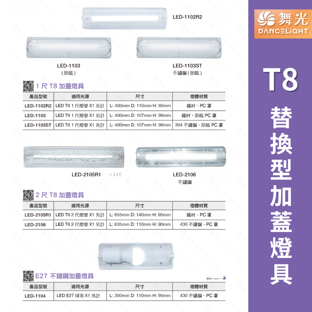LED1103STLED T81 尺燈管 X1另計 L400mm D 107mm H98mm 304不鏽鋼、防眩PC罩