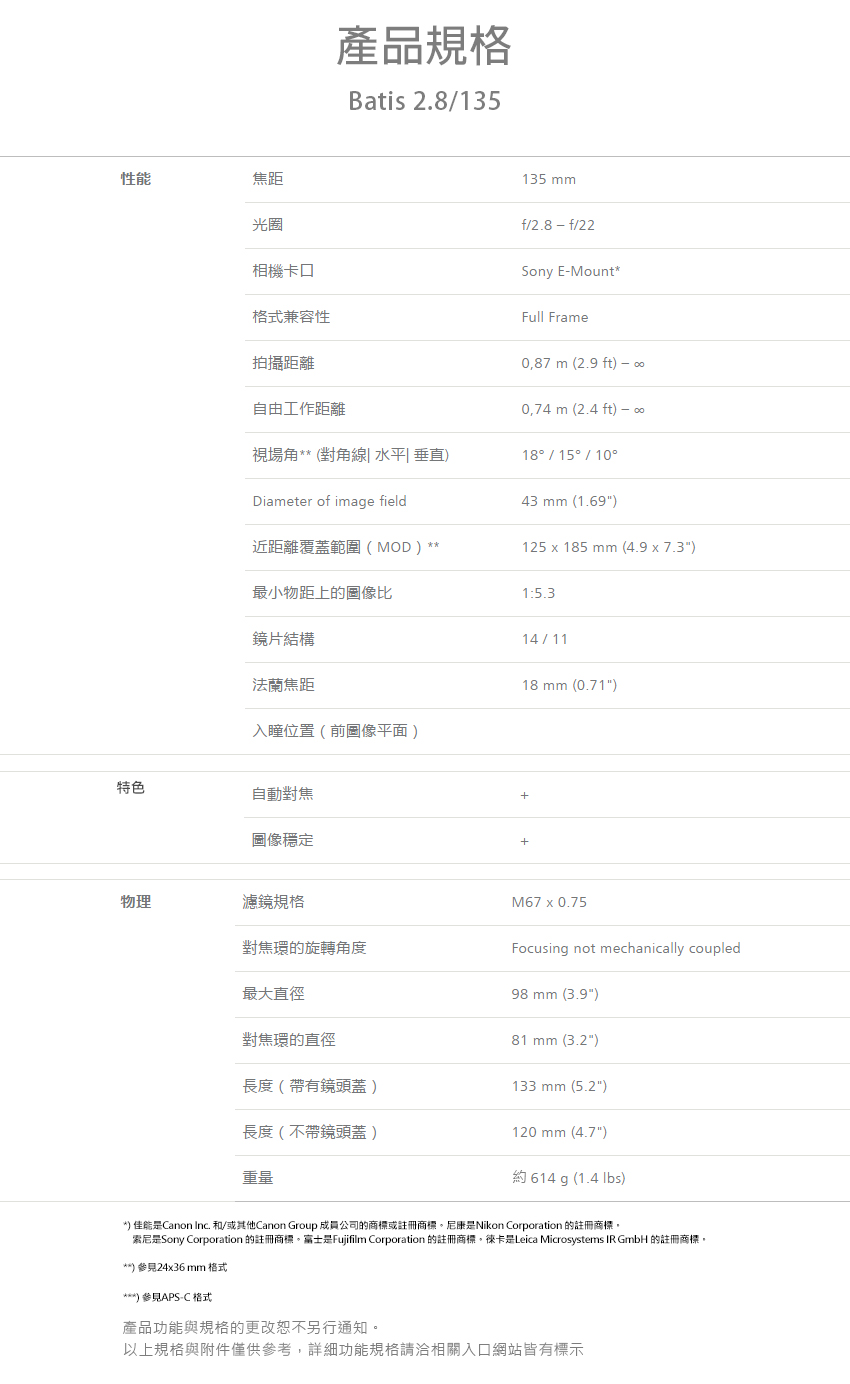 ZEISS蔡司 Batis 2.8/135 - 詳情8