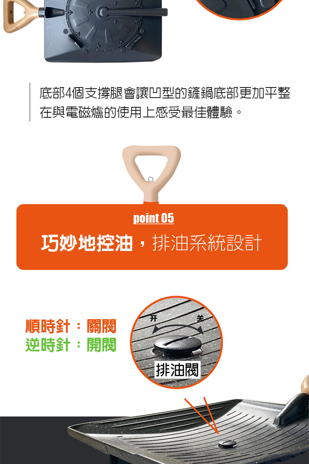 底部4個支撐腿會讓凹型的鏟鍋底部更加平整