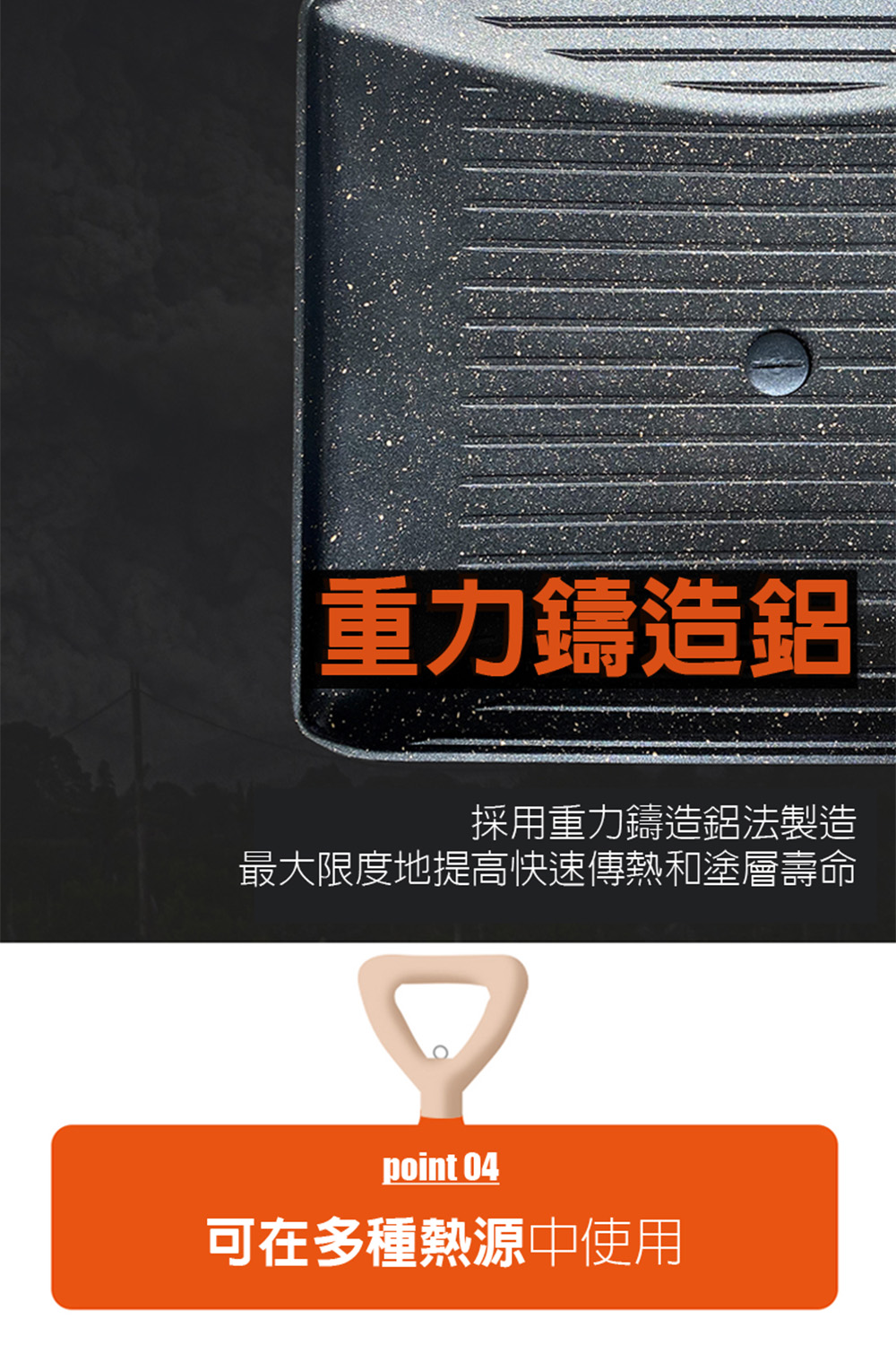 重力鑄造鋁 採用重力鑄造鋁法製造 最大限度地提高快速傳熱和塗層壽命 可在多種熱源中使用 