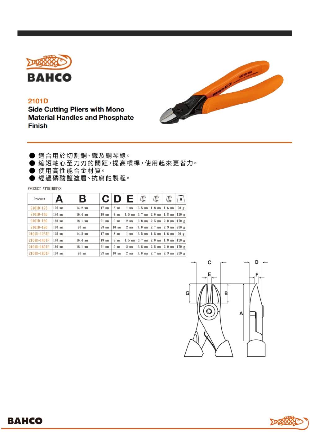 Bahco 電子斜口鉗 125mm(2101D-125) 推