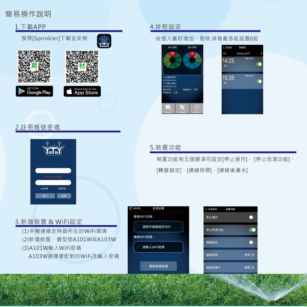 簡易操作說明1.下載APP搜尋Sprinkler下載並安裝GET IT ONDownload on theGoogle PlayApp Store2.帳號密碼註冊4.排程設定依個人喜好增加刪除 排程最多能設置6組鍋  1427時間  :正常Device 水14:2515:35狀況:正常 5.裝置功能有五個選項可設定停止運作停止功能]、[轉盤鎖定]、[連線時間]、[連線後灑水]新增設備連線WIFI名稱:停止運作3.新增裝置 & WiFi設定請將手機連線至WIFI(1)手機連線定時器所在的WiFi環境停止雨滴功能(2)新增裝置選型號A101W或A103W連線WIFI密碼:轉盤鎖定(3)A101W輸入WiFi密碼請輸入WIFI密碼A103W選擇要配對的WiFi及輸入密碼裝置功能連線時間標準開始搜尋設備連線後灌水