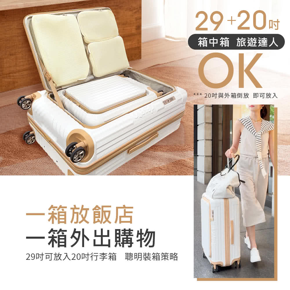 一箱放飯店 一箱外出購物 29吋可放入20吋行李箱 聰明裝箱策略 箱中箱 旅遊達人 20吋與外箱倒放 即可放入 