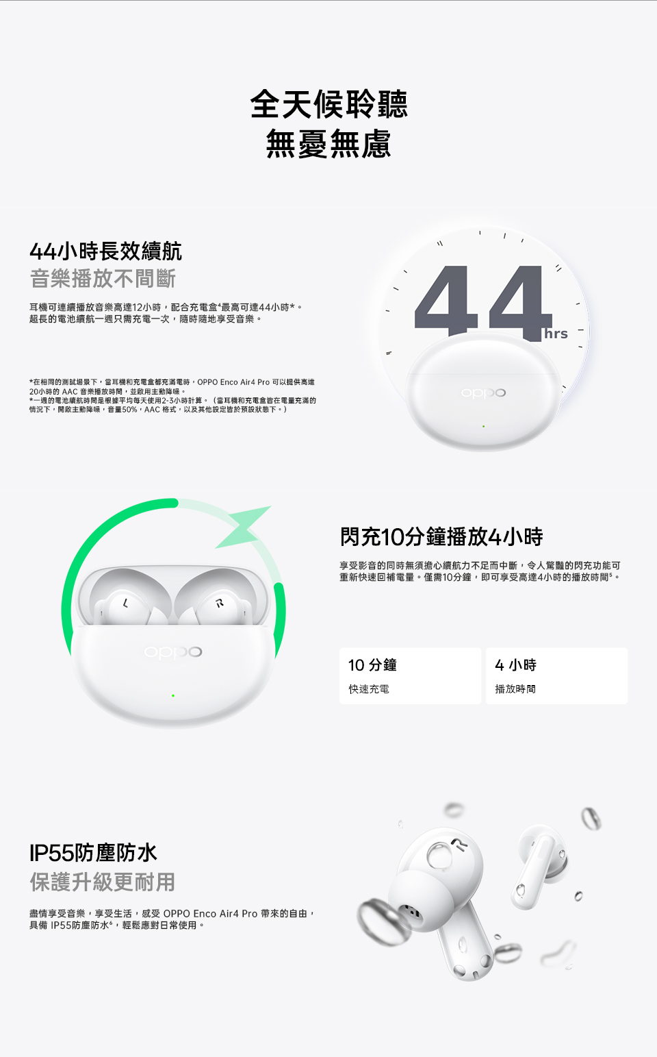 在相同的測試場景下,當耳機和充電盒都充滿電時,OPPO Enco Air4 Pro 可以提供高達