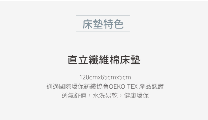 床墊特色 直立纖維棉床墊 通過國際環保紡織協會OEKOTEX 產品認證 透氣舒適,水洗易乾,健康環保 