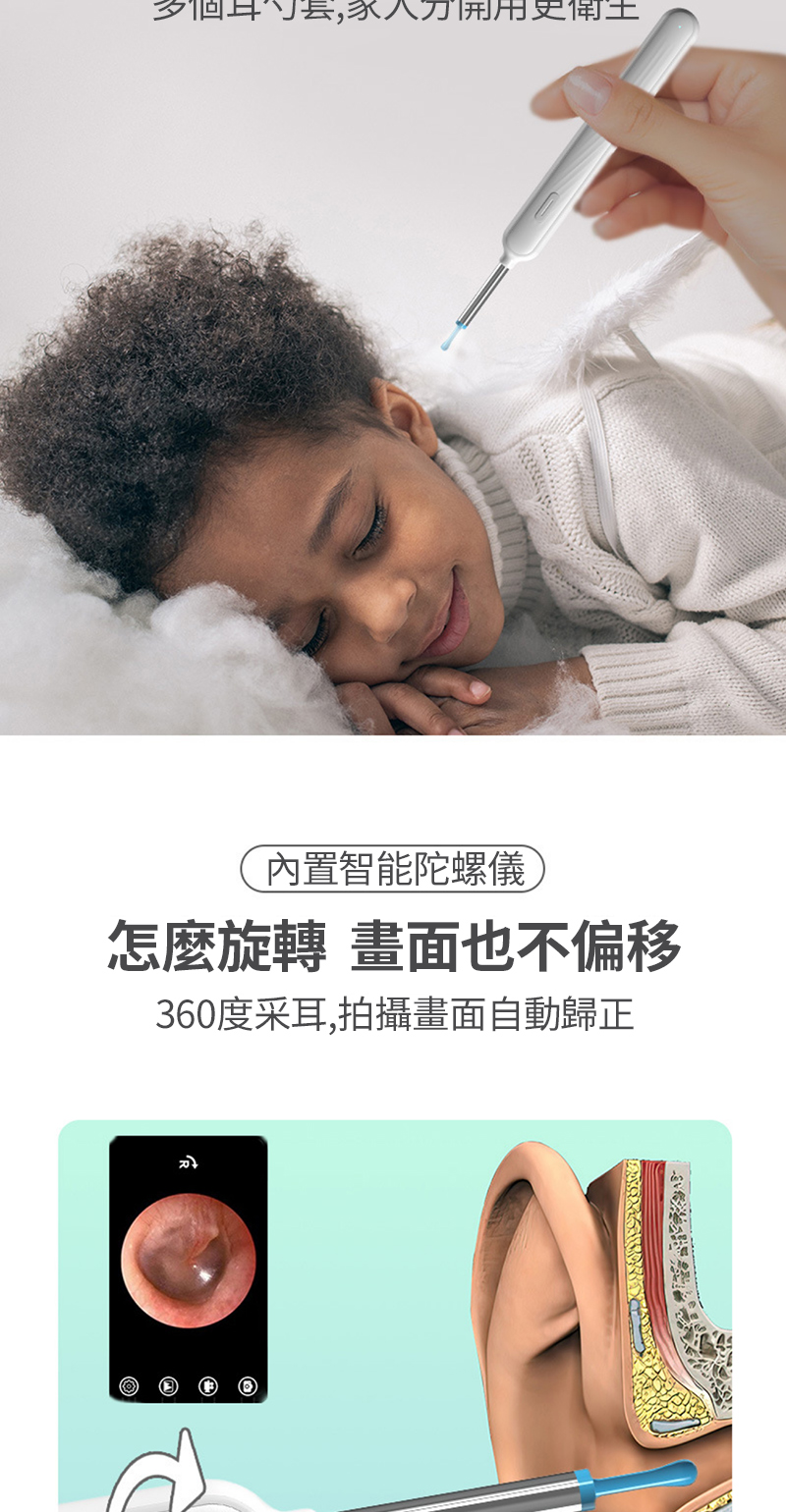 內置智能陀螺儀 怎麼旋轉 畫面也不偏移 360度采耳,拍攝畫面自動歸正 