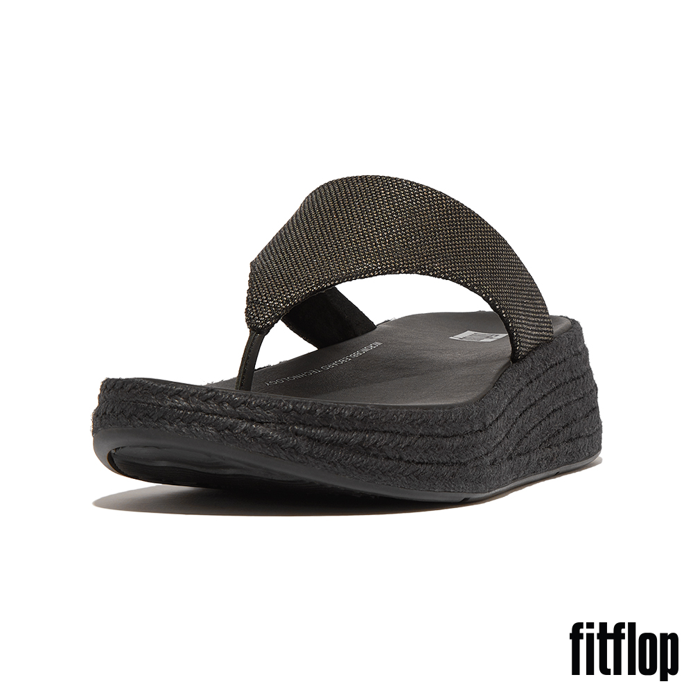 FitFlop F-MODE 草編亮片帆布厚底夾腳涼鞋(黑色