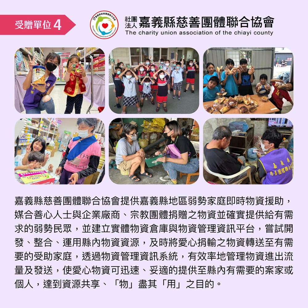 嘉義縣慈善團體聯合協會提供嘉義縣地區弱勢家庭即時物資援助,