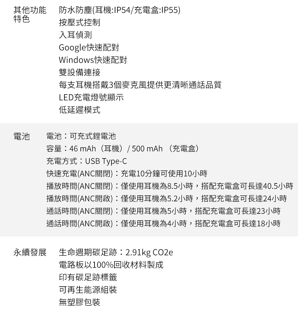 播放時間ANC關閉僅使用耳機為8.5小時,搭配充電盒可長達40.5小時