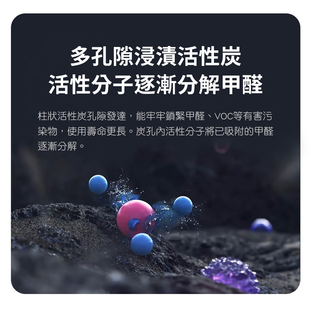 多孔隙浸漬活性炭 活性分子逐漸分解甲醛 柱狀活性炭孔隙發達,能牢牢鎖緊甲醛、VOC等有害污 染物,使用壽命更長。炭孔內活性分子將已吸附的甲醛 逐漸分解。 