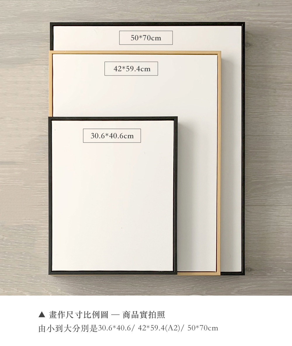 畫作尺寸比例圖 商品實拍照 由小到大分別是30.640.64259.4A2 5070cm