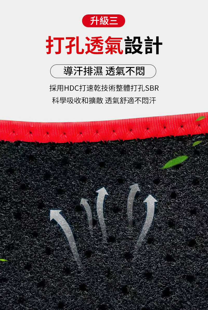 升級三 打孔透氣設計 導汗排濕 透氣不悶 採用HDC打速乾技術整體打孔SBR 科學吸收和擴散 透氣舒適不悶汗 