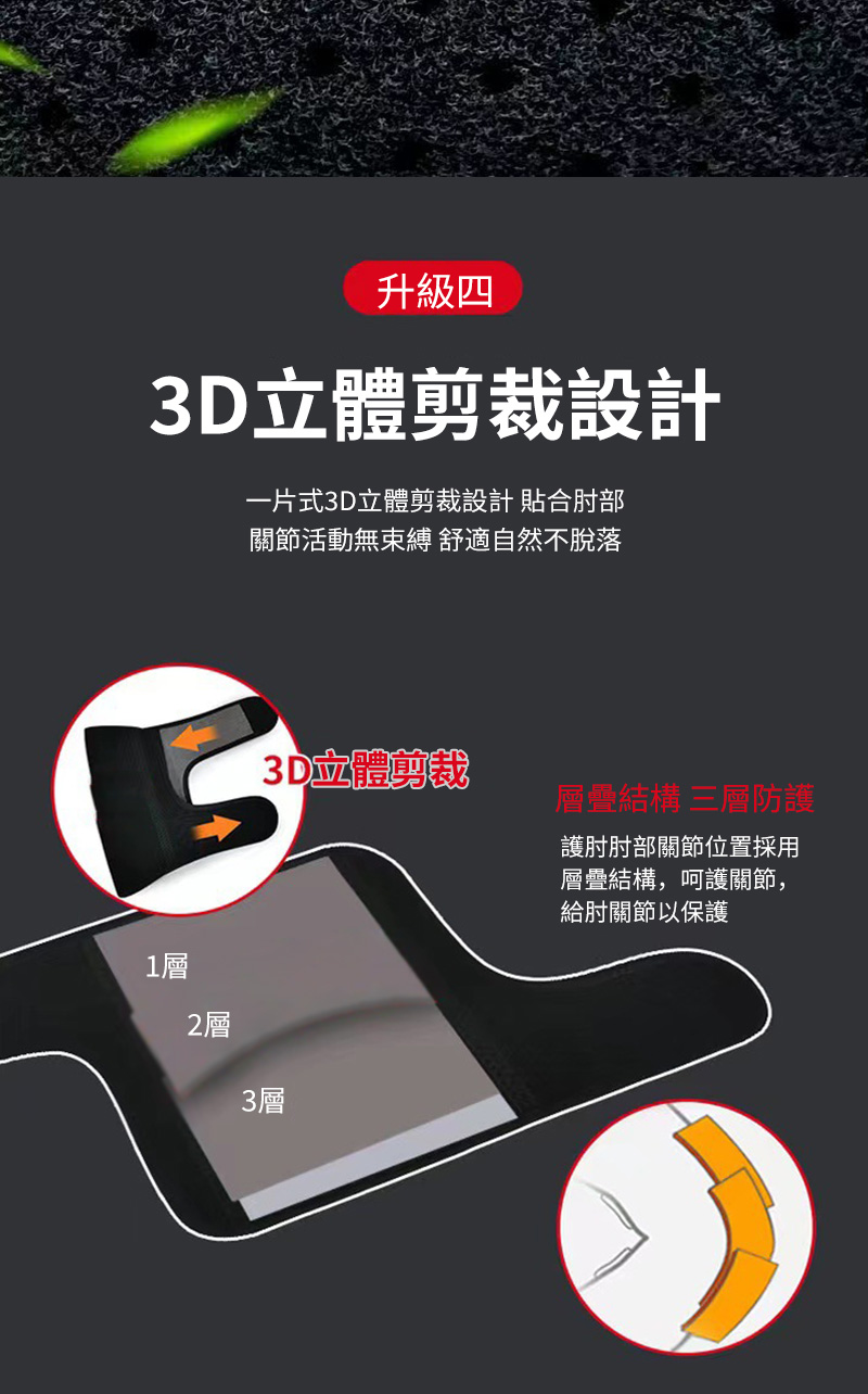 一片式3D立體剪裁設計 貼合肘部
