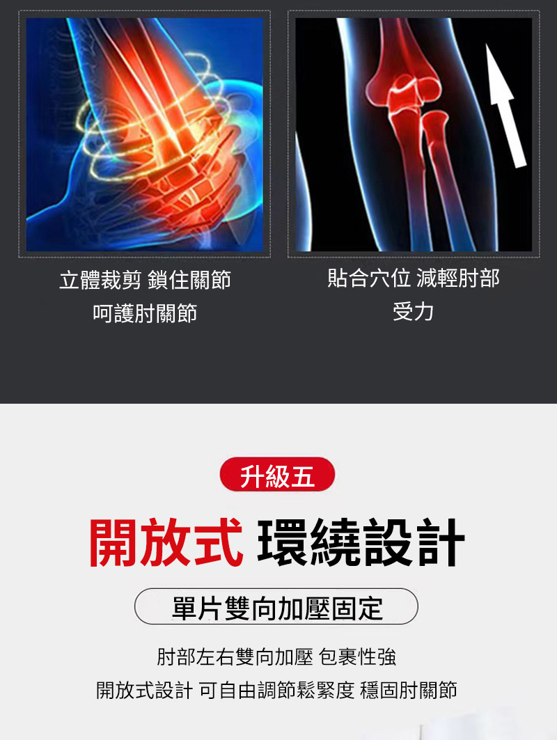 開放式設計 可自由調節鬆緊度 穩固肘關節
