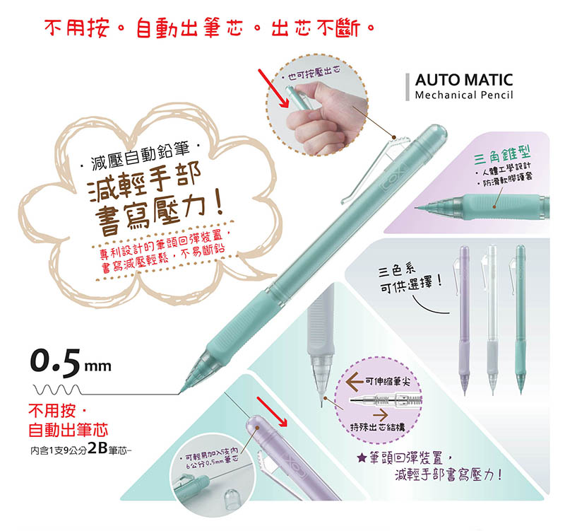 不用按。自動出筆芯。出芯不斷。