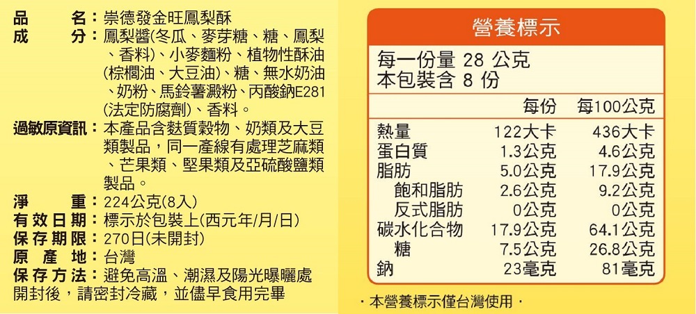 崇德發 金旺鳳梨酥224gx8入(6盒) 推薦