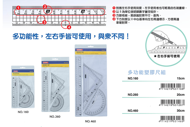 對應左右手使用刻度,左手使用者也可輕易由右端畫線。