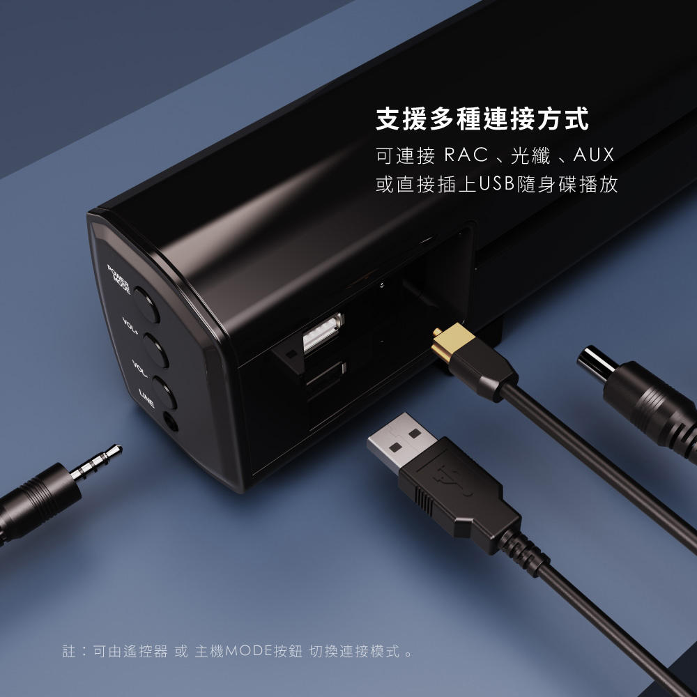 支援多種連接方式 可連接 RAC、光纖、AUX 或直接插上USB隨身碟播放 註可由遙控器 或主機MODE按鈕 切換連接模式。
