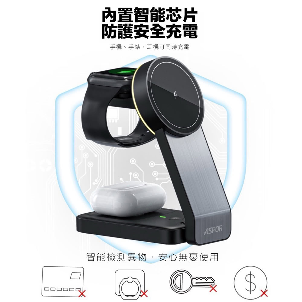 內置智能芯片 防護安全充電 手機、手錶、耳機可同時充電 智能檢測異物安心無憂使用