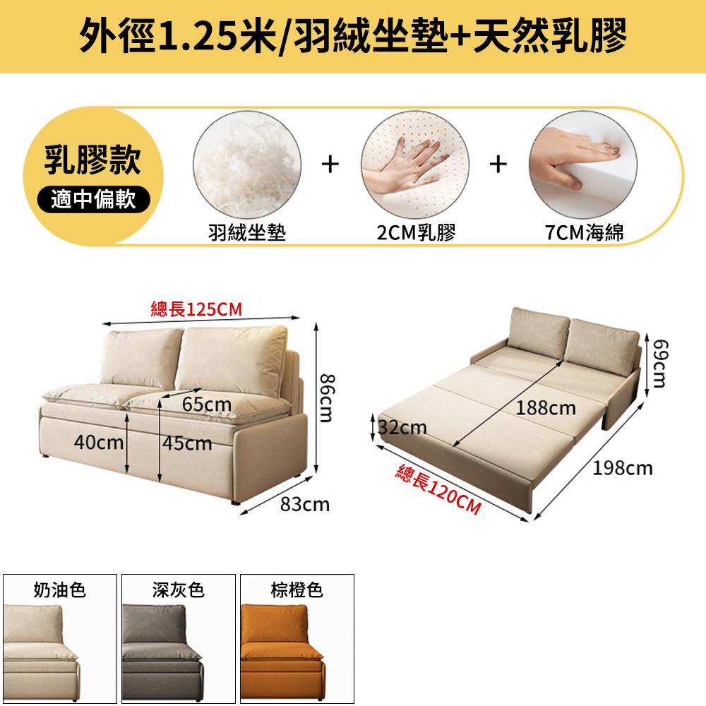 ZAIKU 宅造印象 1.2米兩用可折疊沙發床 羽絨坐墊+舒