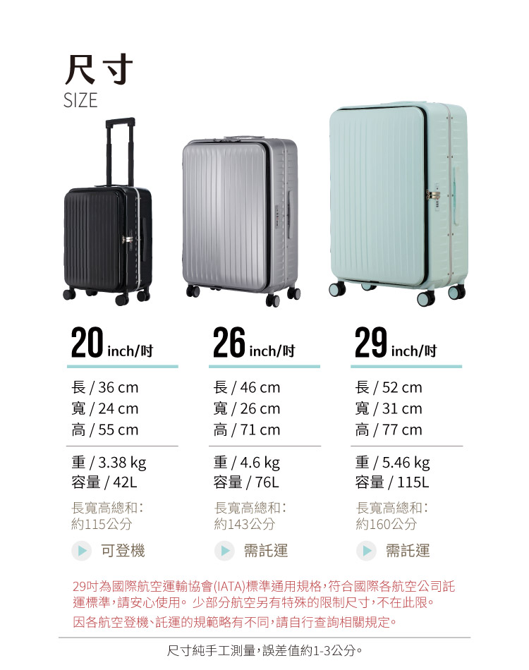 29吋為國際航空運輸協會IATA標準通用規格,符合國際各航空公司託
