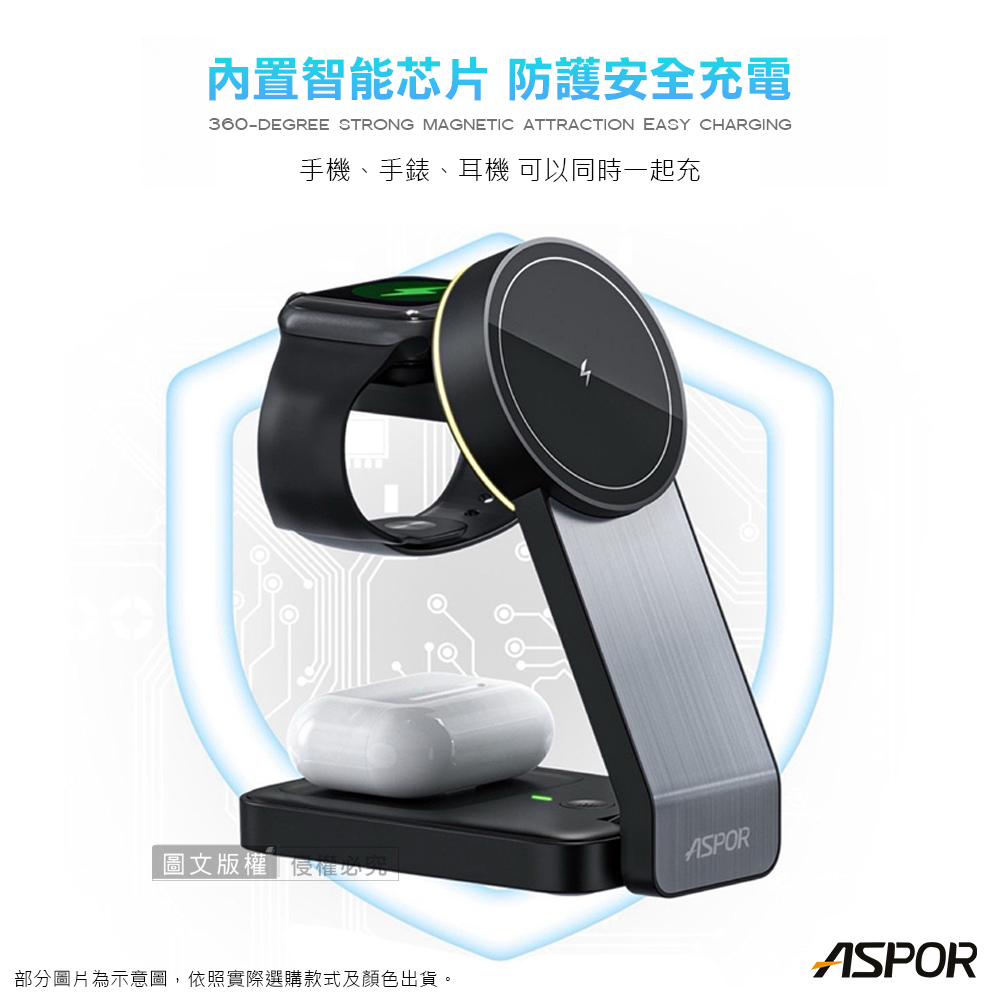 內置智能芯片 防護安全充電 手機、手錶、耳機 可以同時一起充 圖文版權 侵惟売 部分圖片為示意圖,依照實際選購款式及顏色出貨。 