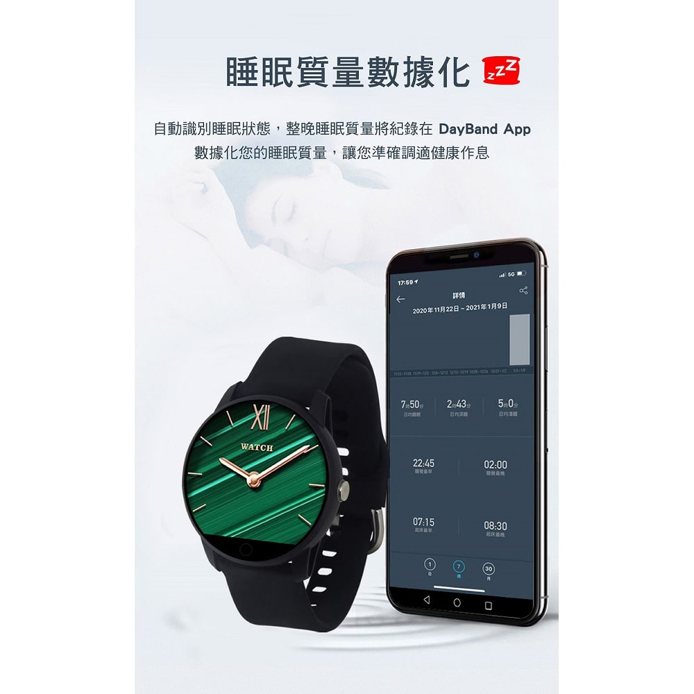 自動識別睡眠狀態,整晚睡眠質量將紀錄在 DayBand App