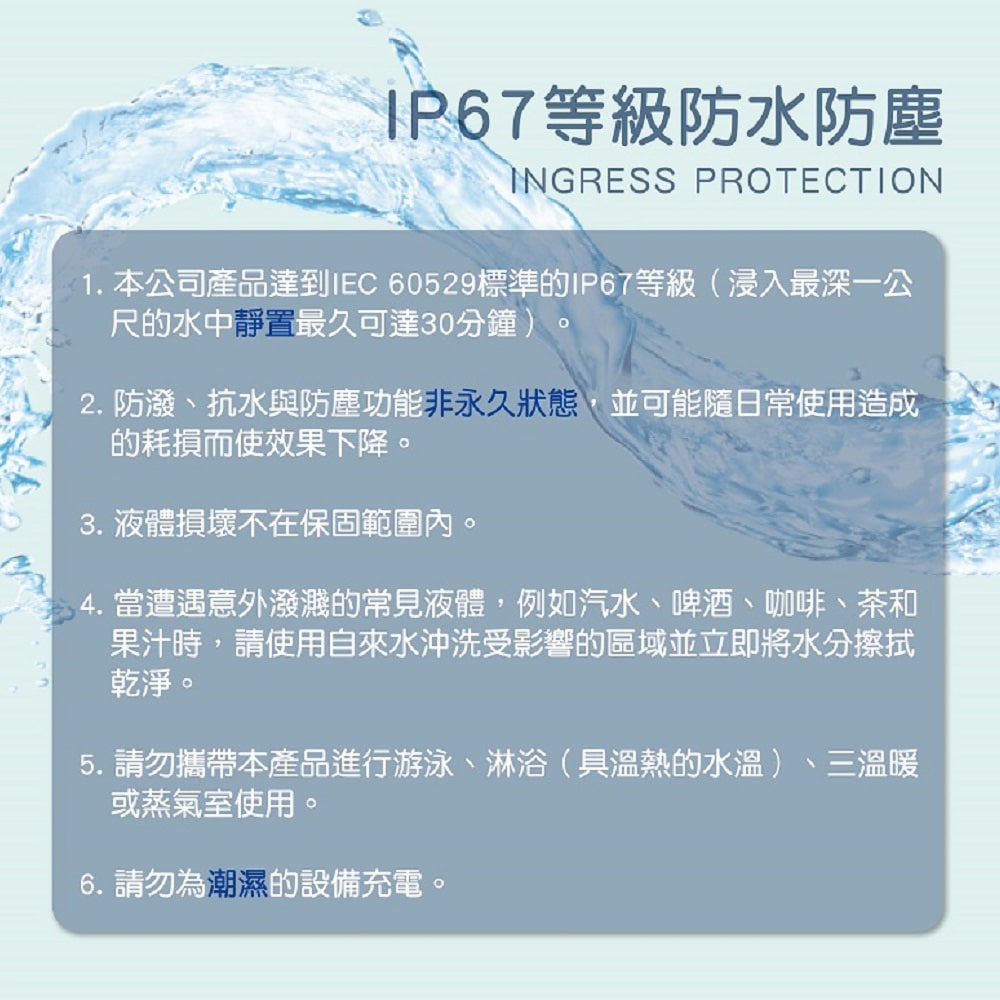 1. 本公司產品達到IEC 60529標準的IP67等級浸入最深一公