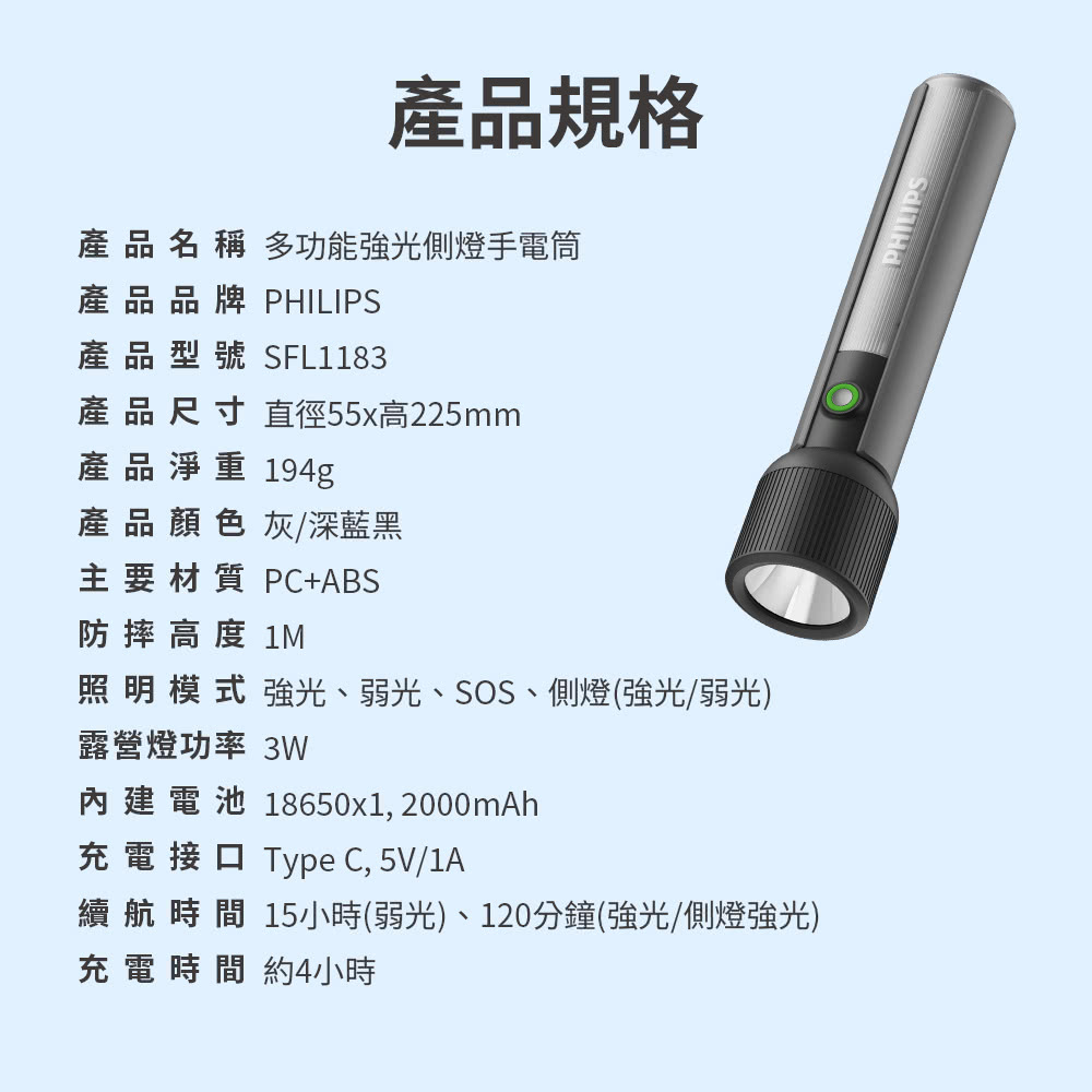 續航時間 15小時弱光、120分鐘強光側燈強光