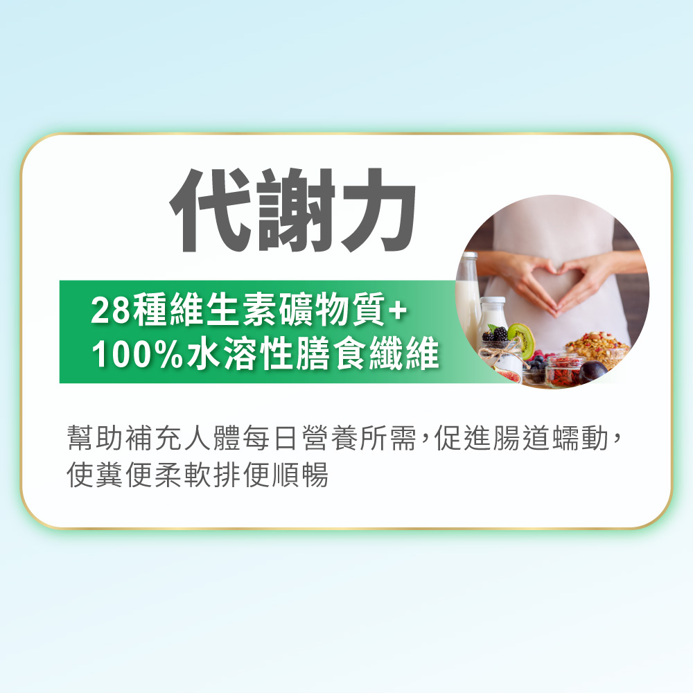 代謝力 28種維生素礦物質 100%水溶性膳食纖維 幫助補充人體每日營養所需,促進腸道蠕動, 使糞便柔軟排便順暢 