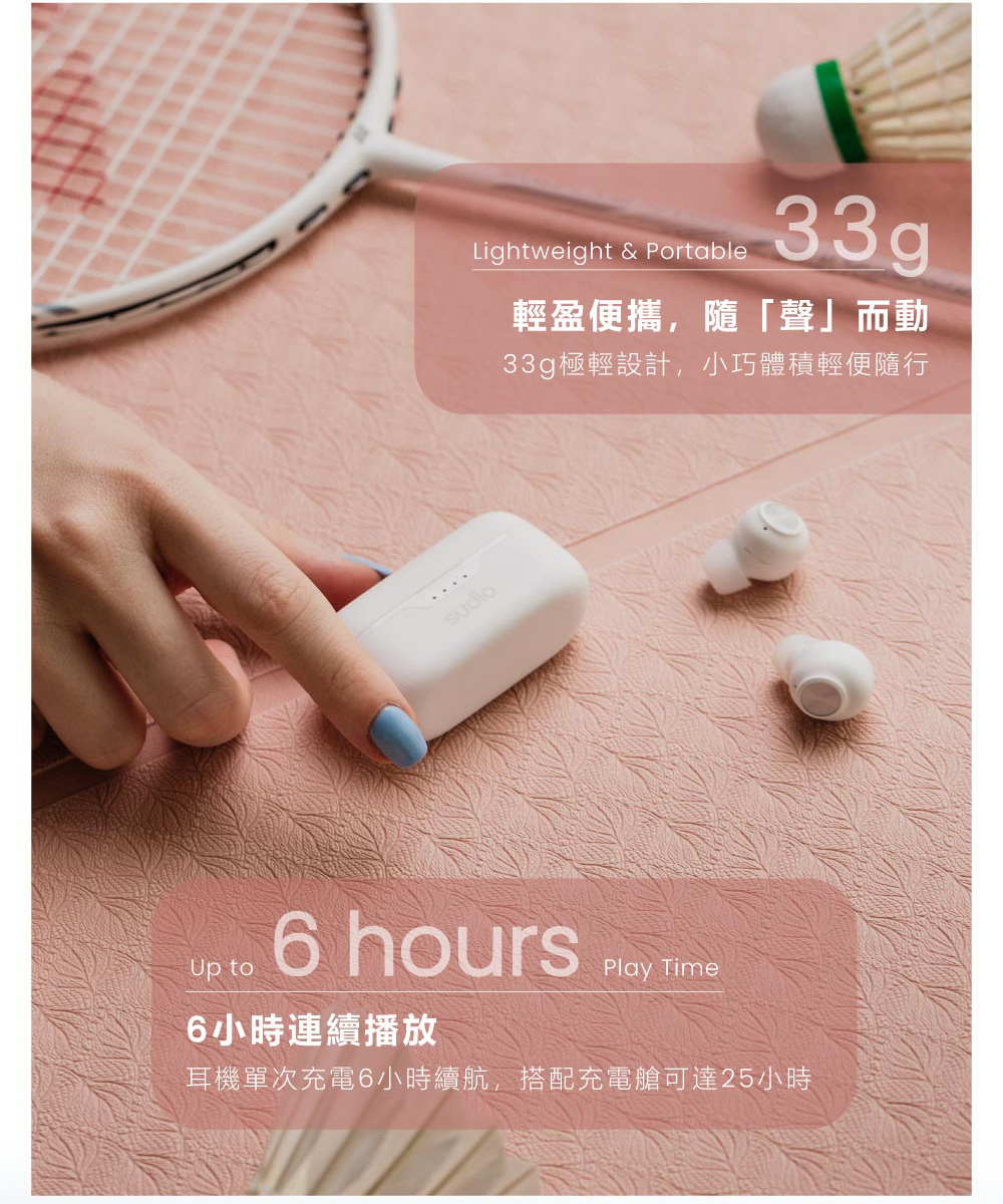 輕盈便攜,隨聲而動 33g極輕設計,小巧體積輕便隨行 6小時連續播放 耳機單次充電6小時續航,搭配充電艙可達25小時 