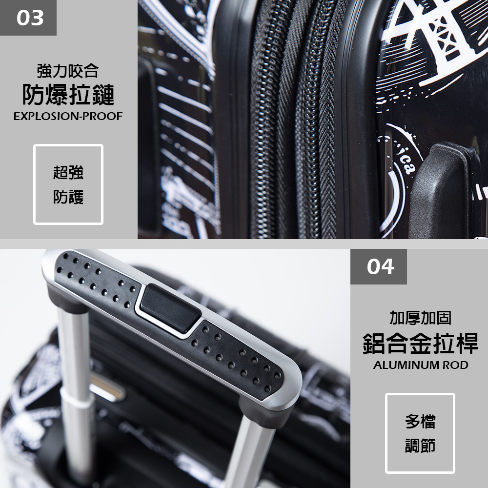 03強力咬合防爆拉鏈EXPLOSION-PROOF超強防護04加厚加固鋁合金拉桿ALUMINUM ROD多檔調節