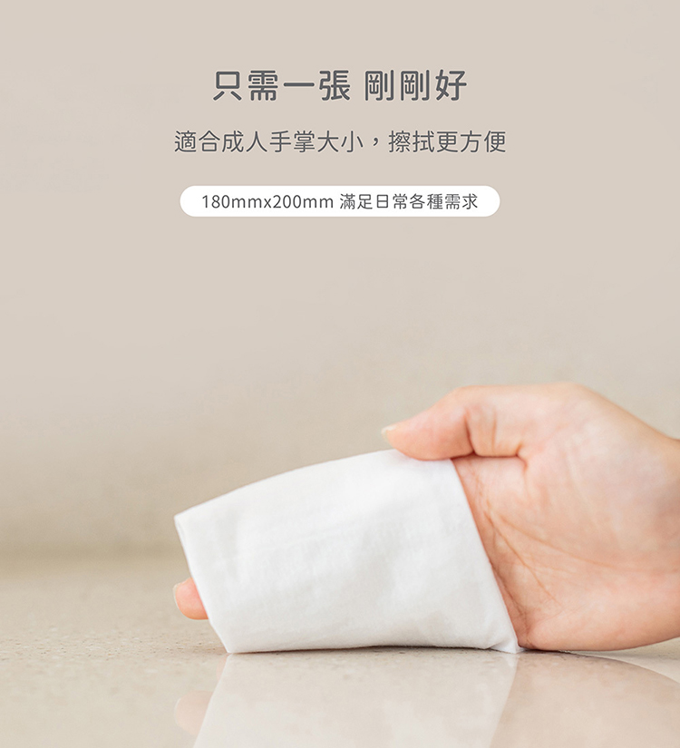 只需一張 剛剛好 適合成人手掌大小,擦拭更方便 180mmx200mm 滿足日常各種需求 