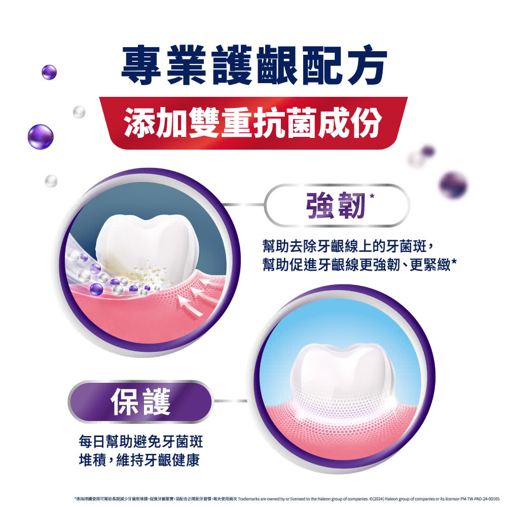 係指持續使用可幫助長期減少牙菌斑堆積、促進牙個緊實,須配合正確刷牙習慣,每天使用兩次 Trademarks are owned by or licensed to the Haleon group of companies.  2024 Haleon group of companies or its licensor PMTWPAD2400165
