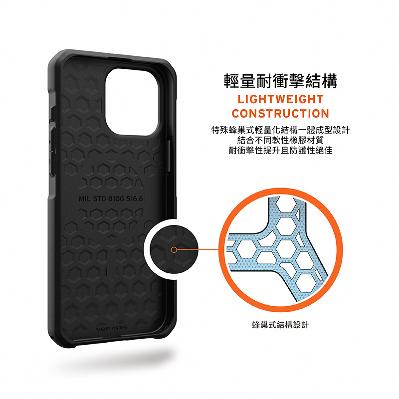 輕量耐衝擊結構 特殊蜂巢式輕量化結構一體成型設計 結合不同軟性橡膠材質 耐衝擊性提升且防護性絕佳 蜂巢式結構設計