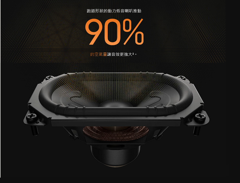 跑道形狀的動力低音喇叭推動 的空氣量讓音效更強大。 